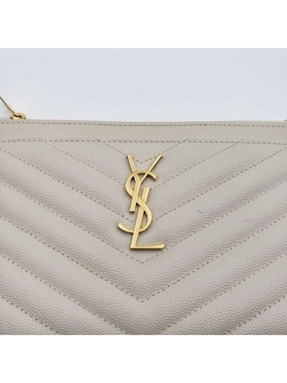 Authentic Saint Laurent YSL Beige Quilted Leather Zip Pouch Clutch Wallet - Picture 6 of 11